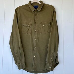 Zara Man Pearl Snap‎ Button Up Shirt Western Style Slim Fit Olive Size Large